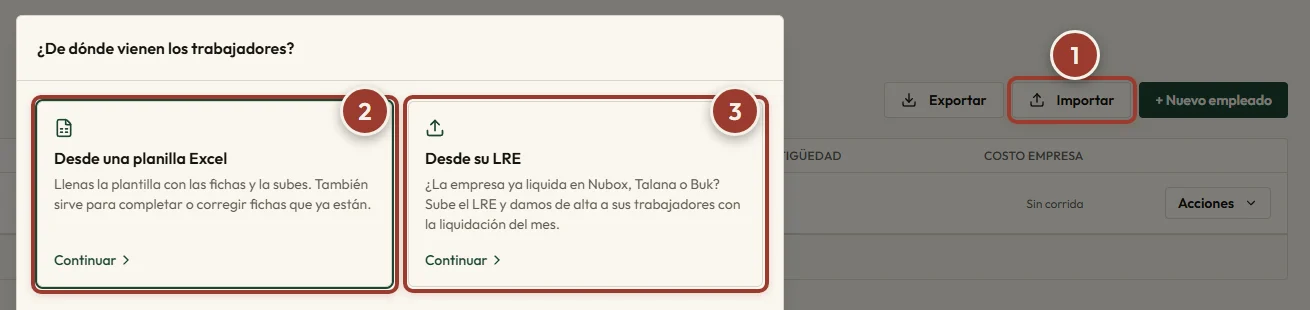 Pantalla Empleados con el botón Importar marcado con 1 y el modal abierto con sus dos opciones: Desde una planilla Excel, marcada con 2, y Desde su LRE, con 3