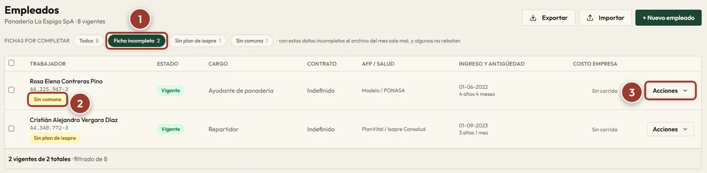 Lista de Empleados con el filtro Ficha incompleta marcado con 1, la etiqueta Sin comuna de un trabajador con 2 y el menú de la fila con 3