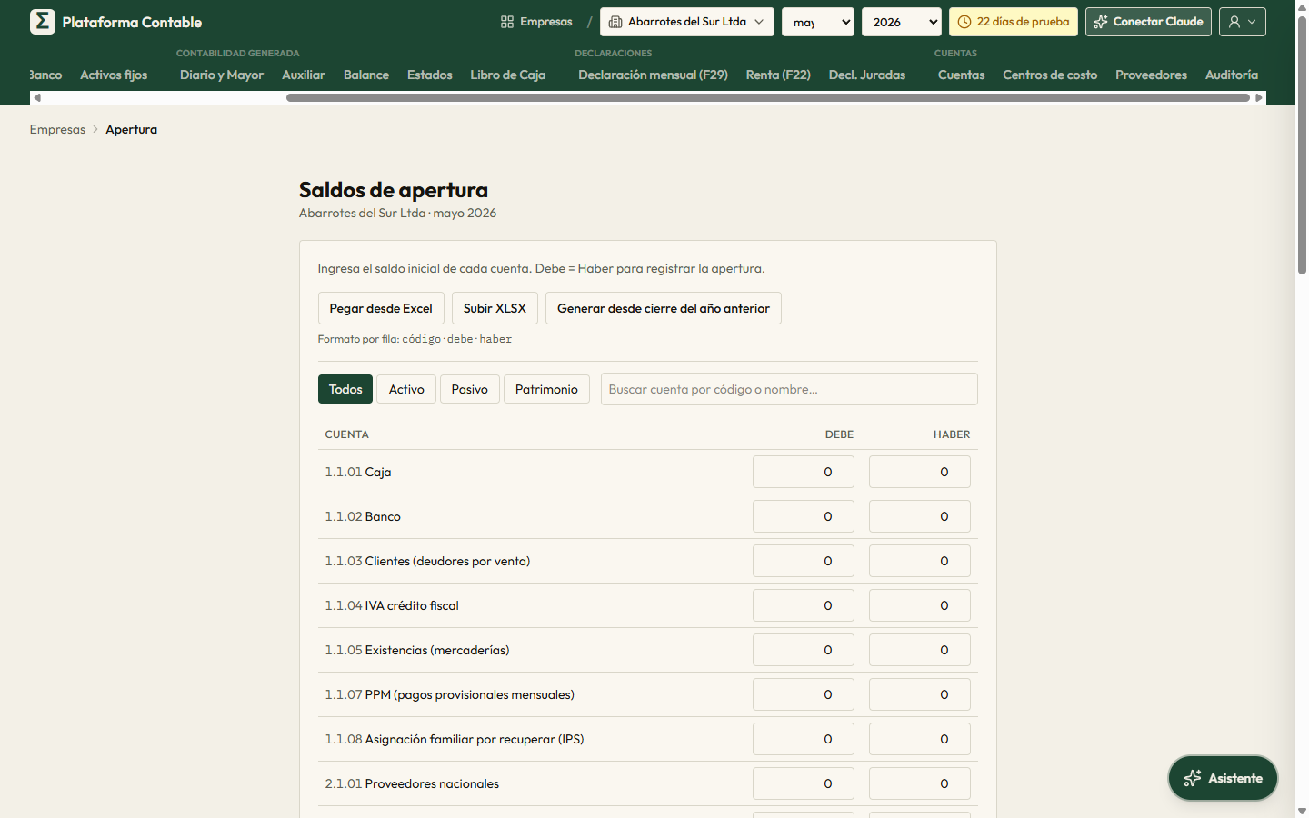 Saldos de apertura: cada cuenta con su Debe y Haber, y las opciones para pegar desde Excel, subir un XLSX o generar desde el cierre del año anterior